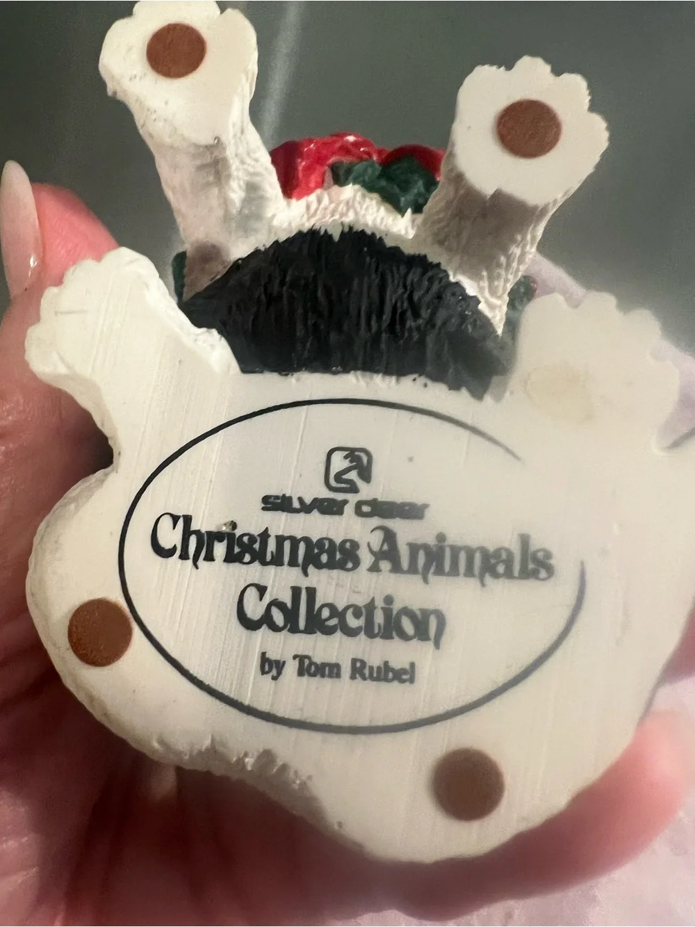 Silver Deer Christmas Black and White Puppy Figurine with Red Wreath
